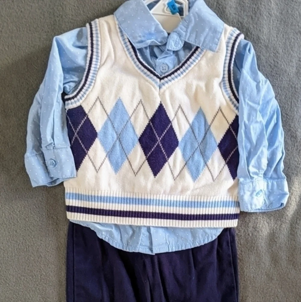 boys 3 pc outfit shirt argyle sweater vest‎ pants blue size 12 months